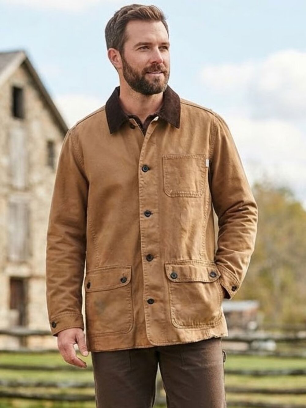 Orvis Heritage Cotton Canvas Chore Coat Quilted Lined Tan Corduroy Collar
